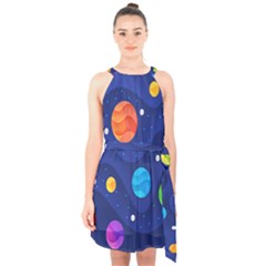 Planet Space Moon Galaxy Sky Blue Polka Halter Collar Waist Tie Chiffon Dress by Mariart