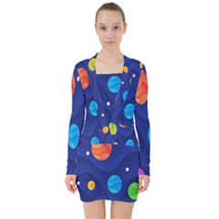 Planet Space Moon Galaxy Sky Blue Polka V-neck Bodycon Long Sleeve Dress