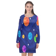 Planet Space Moon Galaxy Sky Blue Polka Long Sleeve Chiffon Shift Dress  by Mariart