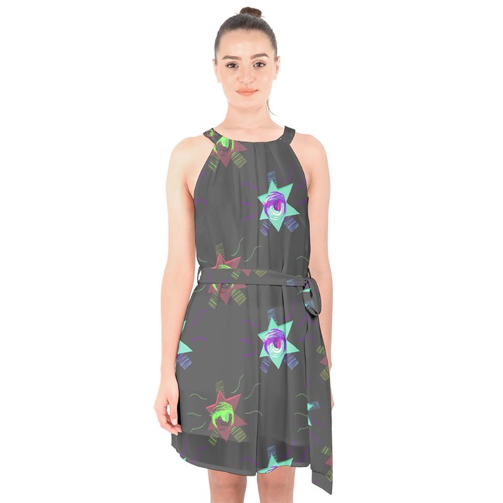 Random Doodle Pattern Star Halter Collar Waist Tie Chiffon Dress