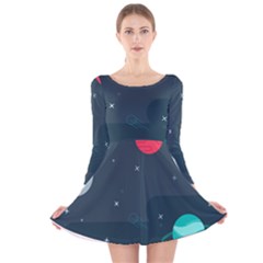 Space Pelanet Galaxy Comet Star Sky Blue Long Sleeve Velvet Skater Dress by Mariart