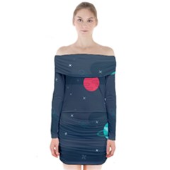 Space Pelanet Galaxy Comet Star Sky Blue Long Sleeve Off Shoulder Dress by Mariart