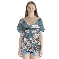 Star Flower Grey Blue Beauty Sexy V-neck Flutter Sleeve Top by Mariart