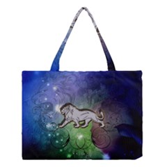 Wonderful Lion Silhouette On Dark Colorful Background Medium Tote Bag by FantasyWorld7