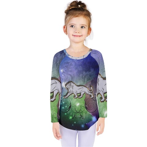 Wonderful Lion Silhouette On Dark Colorful Background Kids  Long Sleeve Tee by FantasyWorld7