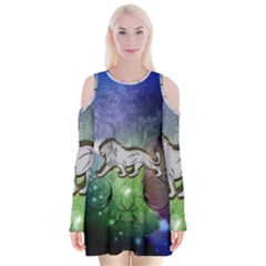 Wonderful Lion Silhouette On Dark Colorful Background Velvet Long Sleeve Shoulder Cutout Dress by FantasyWorld7