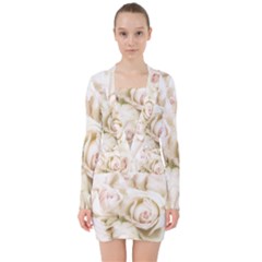 Pastel Roses Antique Vintage V-neck Bodycon Long Sleeve Dress by Celenk