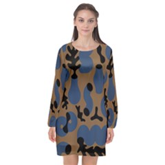 Superfiction Object Blue Black Brown Pattern Long Sleeve Chiffon Shift Dress 