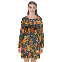 Tribal Ethnic Blue Gold Culture Long Sleeve Chiffon Shift Dress  by Mariart