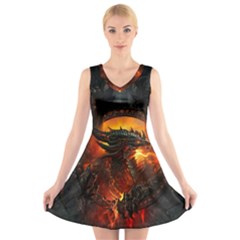 Dragon Legend Art Fire Digital Fantasy V-neck Sleeveless Skater Dress by Celenk