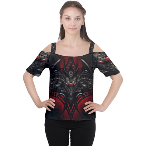 Black Dragon Grunge Cutout Shoulder Tee by Celenk