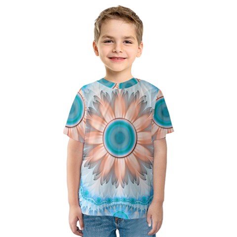 Clean And Pure Turquoise And White Fractal Flower Kids  Sport Mesh Tee by jayaprime