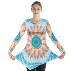 Clean And Pure Turquoise And White Fractal Flower Long Sleeve Tunic 