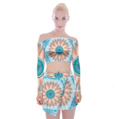 Clean And Pure Turquoise And White Fractal Flower Off Shoulder Top With Mini Skirt Set by jayaprime