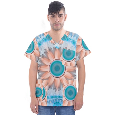 Clean And Pure Turquoise And White Fractal Flower Men s V-neck Scrub Top by jayaprime