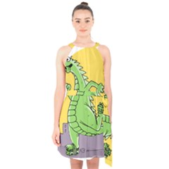 Dragon Halter Collar Waist Tie Chiffon Dress by Celenk