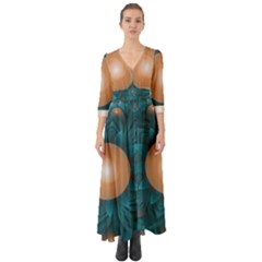 Beautiful Orange Teal Fractal Lotus Lily Pad Pond Button Up Boho Maxi Dress by jayaprime