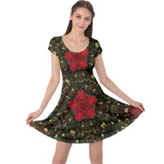 Christmas Wreath Stars Green Red Elegant Cap Sleeve Dress