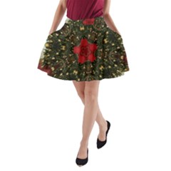 Christmas Wreath Stars Green Red Elegant A-Line Pocket Skirt