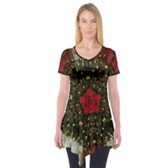 Christmas Wreath Stars Green Red Elegant Short Sleeve Tunic 