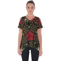 Christmas Wreath Stars Green Red Elegant Cut Out Side Drop Tee