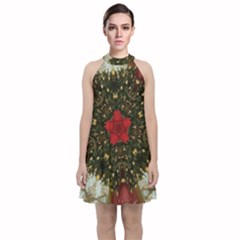 Christmas Wreath Stars Green Red Elegant Velvet Halter Neckline Dress 