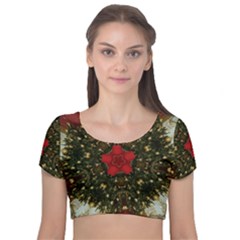 Christmas Wreath Stars Green Red Elegant Velvet Crop Top