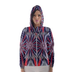 Red White Blue Kaleidoscopic Star Flower Design Hooded Wind Breaker (women) by yoursparklingshop