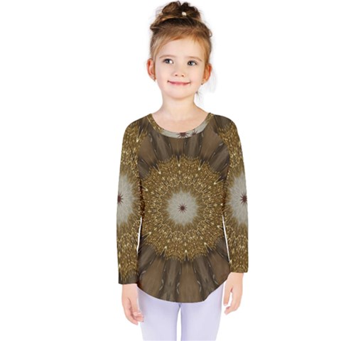 Elegant Festive Golden Brown Kaleidoscope Flower Design Kids  Long Sleeve Tee by yoursparklingshop