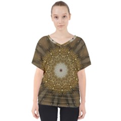 Elegant Festive Golden Brown Kaleidoscope Flower Design V-neck Dolman Drape Top by yoursparklingshop