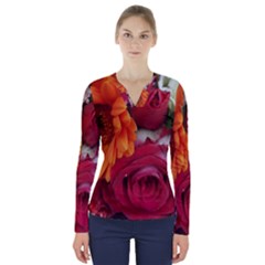 Floral Photography Orange Red Rose Daisy Elegant Flowers Bouquet V-neck Long Sleeve Top
