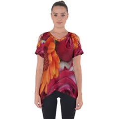 Floral Photography Orange Red Rose Daisy Elegant Flowers Bouquet Cut Out Side Drop Tee