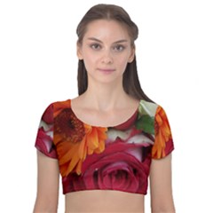 Floral Photography Orange Red Rose Daisy Elegant Flowers Bouquet Velvet Crop Top by yoursparklingshop