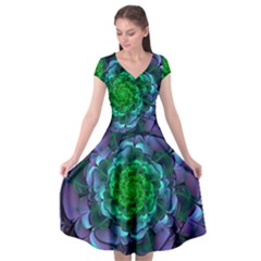 Beautiful Purple & Green Aeonium Arboreum Zwartkop Cap Sleeve Wrap Front Dress by jayaprime