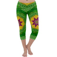 Feathers In The Sunshine Mandala Capri Yoga Leggings by pepitasart