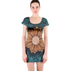 Beautiful Paradise Chrysanthemum Of Orange And Aqua Short Sleeve Bodycon Dress by jayaprime