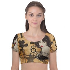 Vintage Cinema Velvet Short Sleeve Crop Top  by Valentinaart