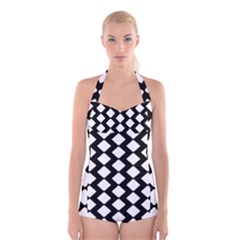 Abstract Tile Pattern Black White Triangle Plaid Boyleg Halter Swimsuit 