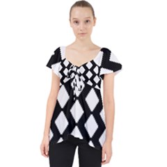 Abstract Tile Pattern Black White Triangle Plaid Lace Front Dolly Top