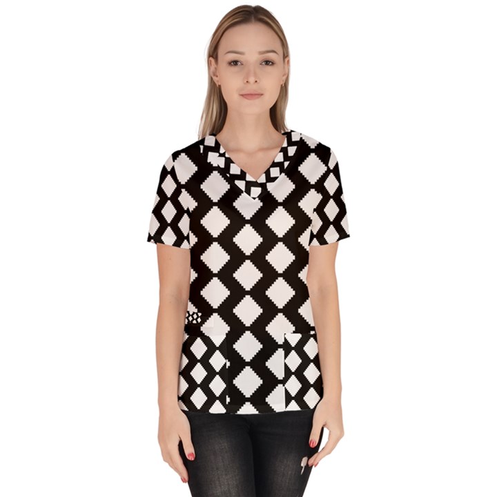 Abstract Tile Pattern Black White Triangle Plaid Scrub Top