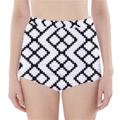 Abstract Tile Pattern Black White Triangle Plaid Chevron High-waisted Bikini Bottoms