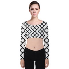 Abstract Tile Pattern Black White Triangle Plaid Chevron Velvet Long Sleeve Crop Top by Alisyart