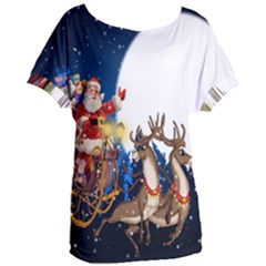 Christmas Reindeer Santa Claus Snow Night Moon Blue Sky Women s Oversized Tee