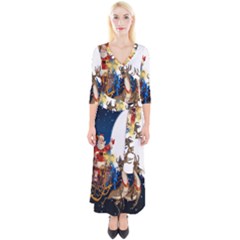 Christmas Reindeer Santa Claus Snow Night Moon Blue Sky Quarter Sleeve Wrap Maxi Dress