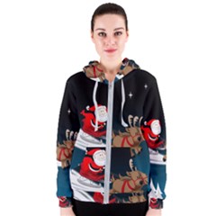 Christmas Reindeer Santa Claus Snow Star Blue Sky Women s Zipper Hoodie