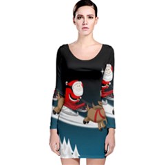 Christmas Reindeer Santa Claus Snow Star Blue Sky Long Sleeve Velvet Bodycon Dress by Alisyart