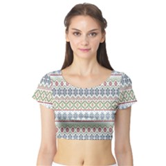 Christmas Star Flower Red Blue Short Sleeve Crop Top