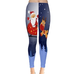 Deer Santa Claus Flying Trees Moon Night Merry Christmas Leggings  by Alisyart