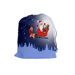 Deer Santa Claus Flying Trees Moon Night Merry Christmas Drawstring Pouches (large) 