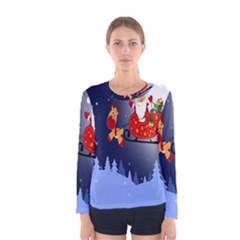 Deer Santa Claus Flying Trees Moon Night Merry Christmas Women s Long Sleeve Tee